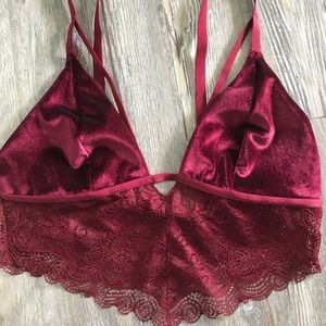Lace and velvet red bralette